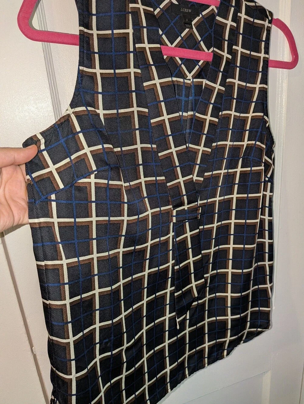 J. Crew Silk Twill Top in Windowpane Black Brown Sleeveless V-Neck - Size 2